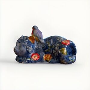 Le Jardin 12" Blue Ceramic Sleeping Cat‎ Figurine w/ Bird & Floral Design – Rare